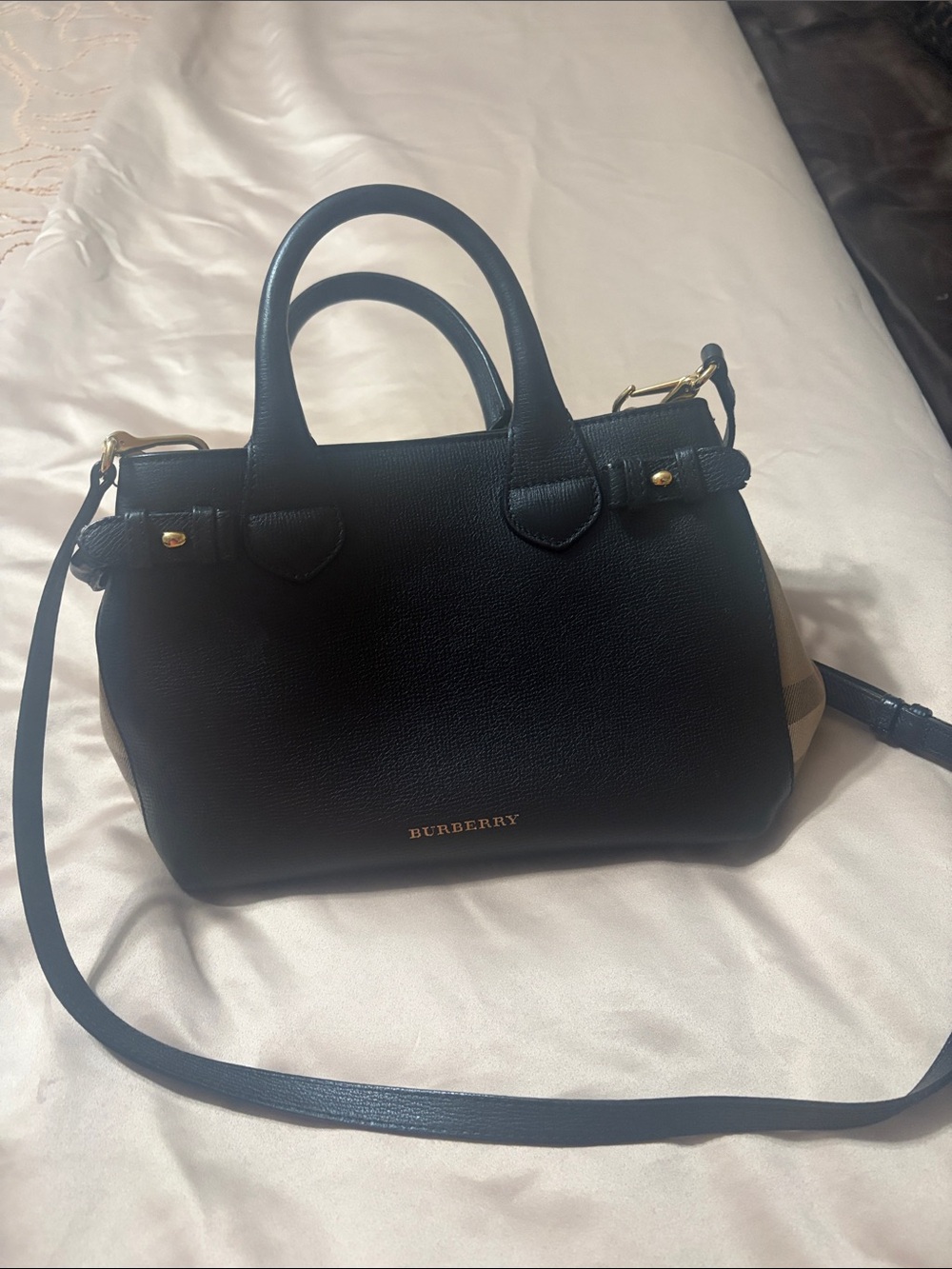 Burberry Black Leather Satchel with Gold Hardware and Tan Sides